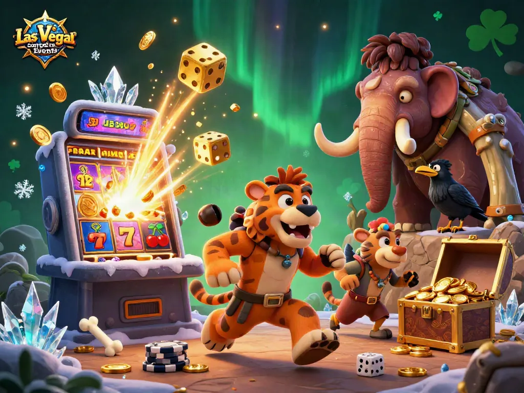 Engage in Las Vegas Corporate Events with a packed 3D cartoon casino scene featuring vibrant characters and dynamic elements.