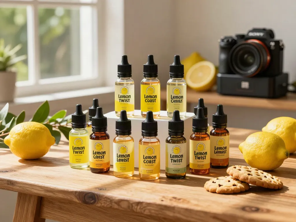Refreshing Lemon Twist Golden Coast Lemon Bar e-liquid bottles with fresh lemons and shortbread cookies.