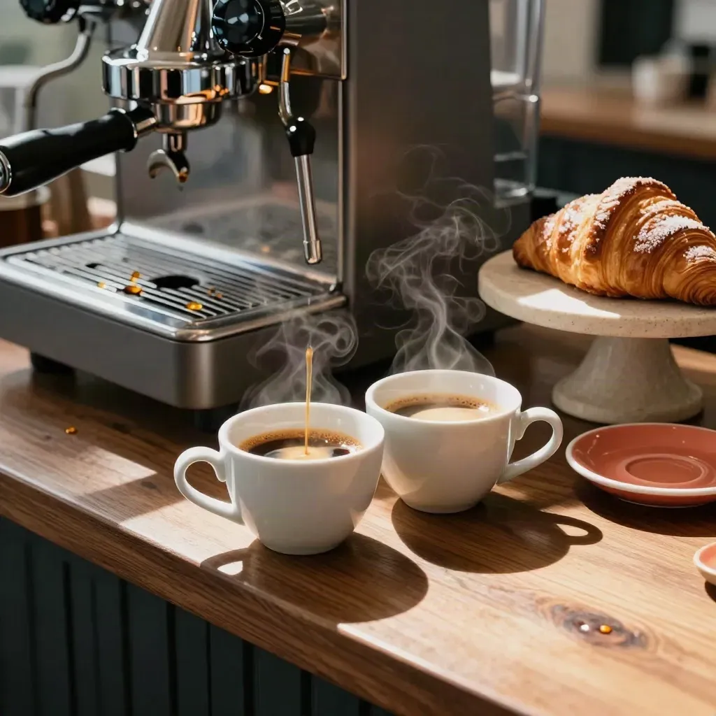 Espresso pours into porcelain cups on a coffee bar beside a tray and pastry stand.