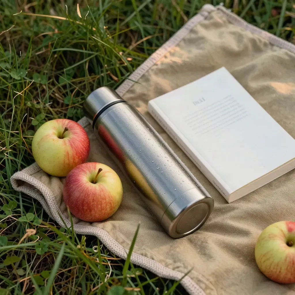 Thermos, apples, folded blanket and face-down paperback on grass in breezy late sunlight.