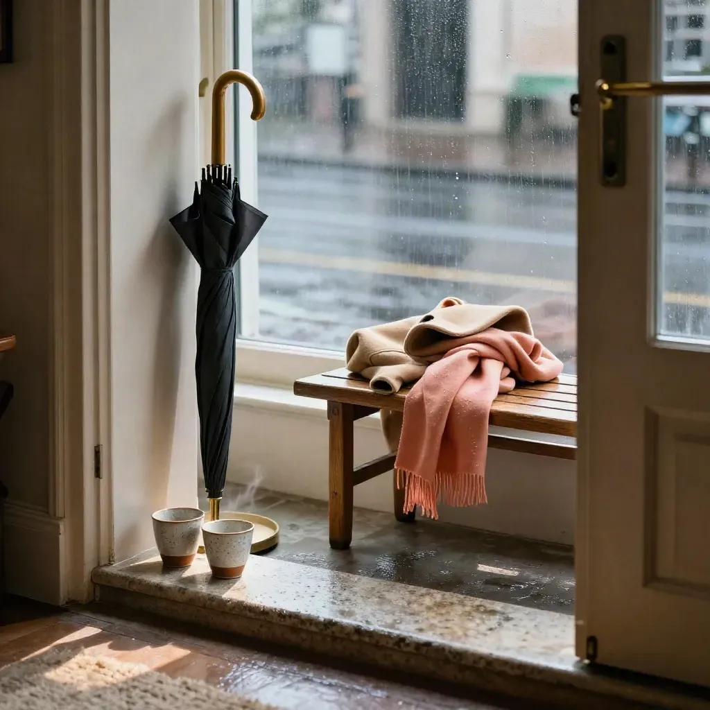 Rainy doorway with cups, umbrella stand, and folded coat in warm light.