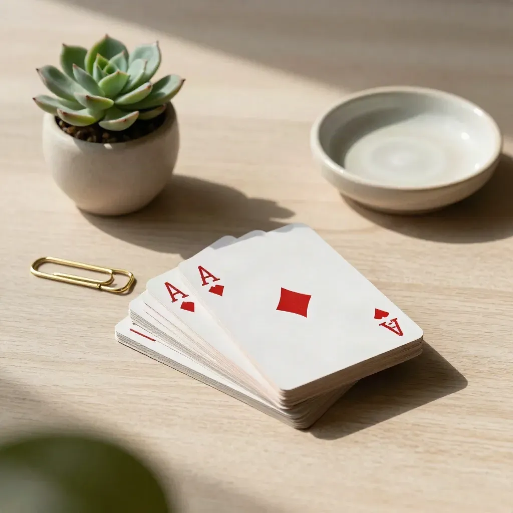 Conversation cards, brass paperclip, tiny plant, and ceramic dish on pale wood