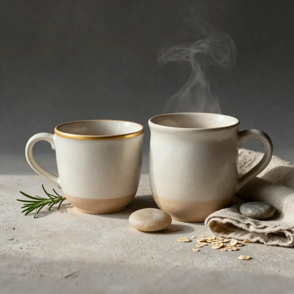 Nested ceramic mugs with rosemary, linen napkin, and river stone on a plaster sweep