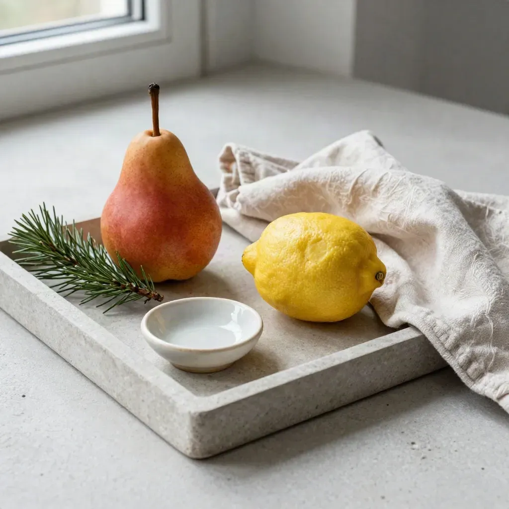 Stone tray with pear, lemon, pine sprig, coral dish, and folded wool cloth in soft daylight.