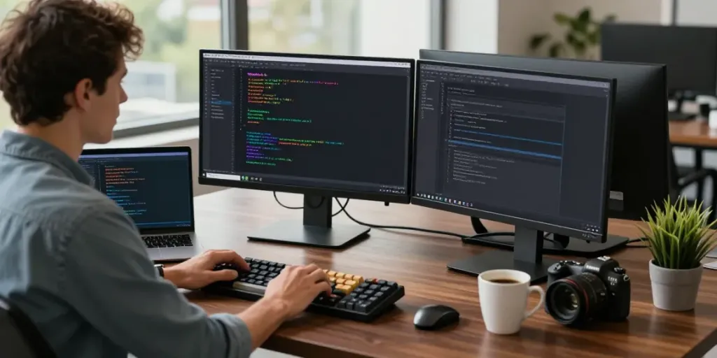 Developer using Notepad++ in a modern workspace with dual screens and coffee