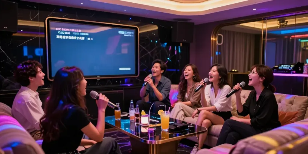 강남 달토의 고급 카라오케 룸에서 즐거운 친구들이 노래하는 모습